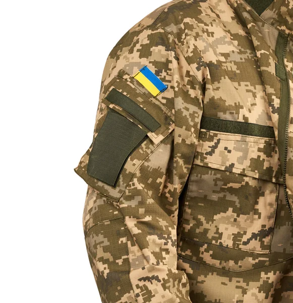 Fragmento Manga Uniforme Camuflaje Soldado Ucraniano Con Bandera Del Estado — Foto de Stock