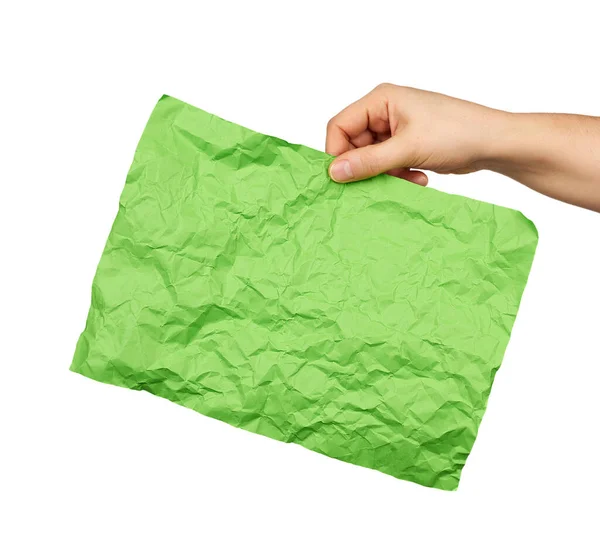 Female Hand Hold Empty Crumpled Green Rectangular Sheet Paper White — Stock Photo, Image