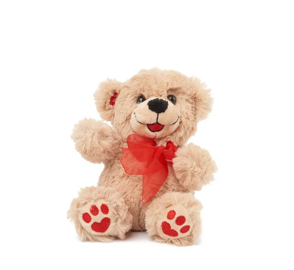 Cute Little Brown Teddy Bear Toy Sitting White Background Close — Stock Photo, Image