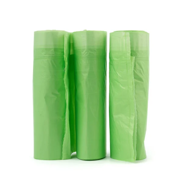 Три Рулона Зелеными Пластиковыми Пакетами Мусорного Ведра Изолированы Белом Фоне — стоковое фото