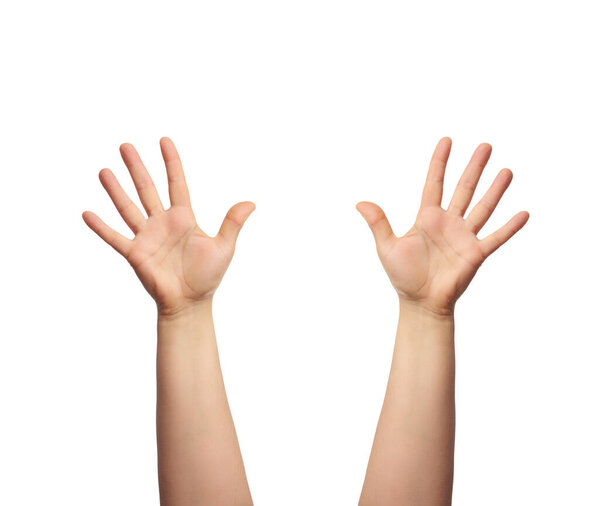 female hand is raised up with an open palm, part of the body is isolated on a white background, concept of joy, voting