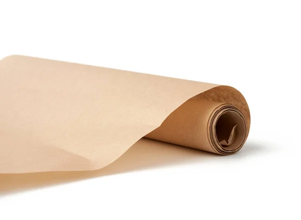 Gedraaide Rol Bruin Perkamentpapier Geïsoleerd Een Witte Ondergrond Wasbakpapier Close — Stockfoto