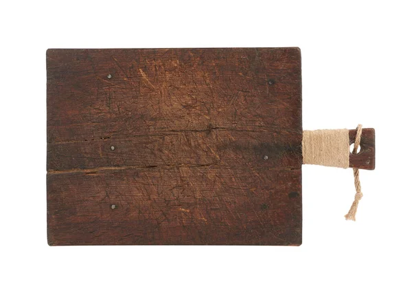 ハンドル付きの非常に古い茶色の長方形の木製のキッチンまな板白い背景に隔離された道具 — ストック写真