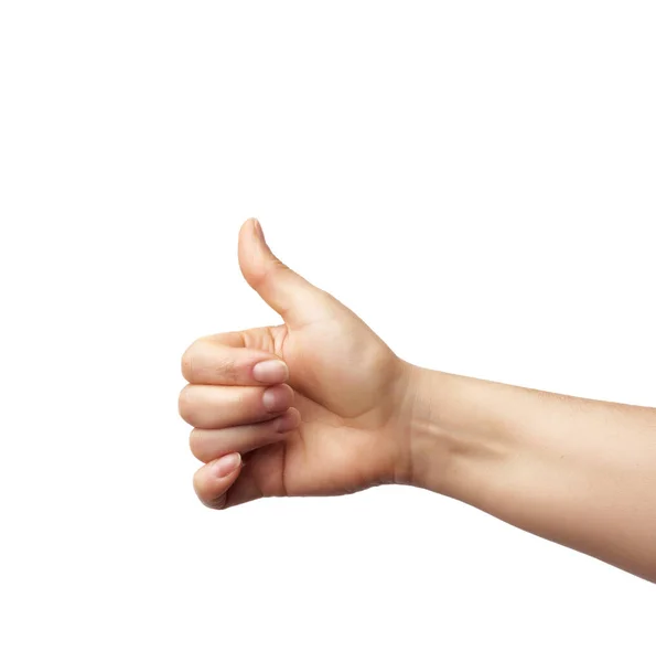Vrouwelijke Hand Toont Rechtshandig Gebaar Als Een Witte Geïsoleerde Achtergrond — Stockfoto