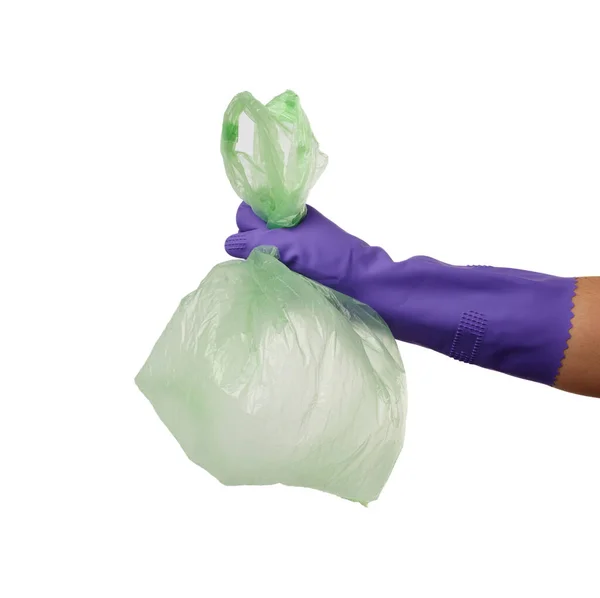 Handen Håller Tom Grön Plastpåse Vit Bakgrund Begreppet Avvisande Plast — Stockfoto