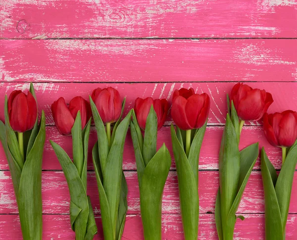 Boeket Van Rode Bloeiende Tulpen Met Groene Stengels Bladeren Bloemen — Stockfoto