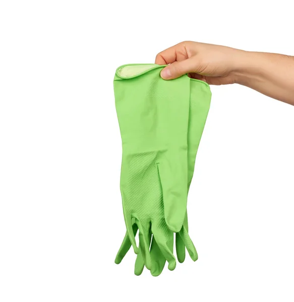 Kobieta Trzyma Zielone Gumowe Rękawice Czyszczenia Białe Tło — Zdjęcie stockowe