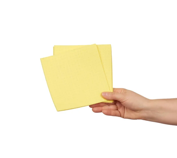 Hand Holds Yellow Rag Sponge Cleaning Part Body Isolated White — Stock Photo, Image