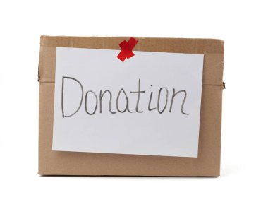 Kahverengi karton kutu, beyaz bir çarşaf yapıştırılmış ve beyaz arka plandaki yazı bağışı, kavrama yardımcı oluyor.