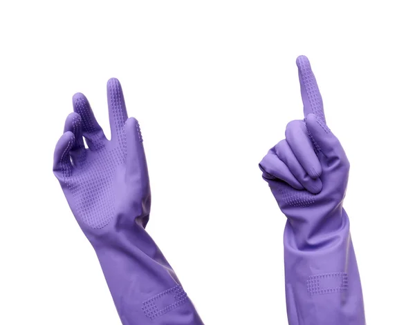 Purple Rubber Glove Cleaning Dressed His Hand His Palm Open — Stock Photo, Image