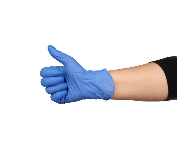 Dłoń Niebieskiej Rękawicy Medycznej Pokazuje Praworęczny Gest Jak Białym Odosobnionym — Zdjęcie stockowe