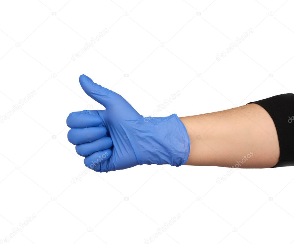 hand in blue medical glove shows right-handed gesture like on a white isolated background, concept of recommendation and approval