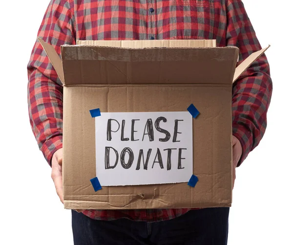 Man Plaid Shirt Jeans Holds Brown Cardboard Box Inscription Please — Stock Photo, Image