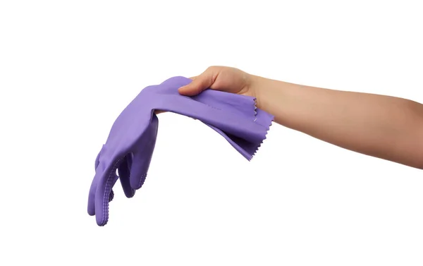 Γυναικείο Χέρι Κρατά Πράσινα Λαστιχένια Γάντια Για Τον Καθαρισμό Λευκό — Φωτογραφία Αρχείου