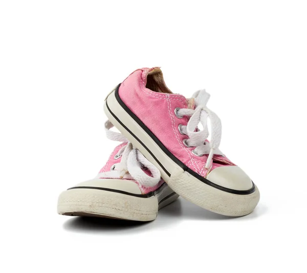 Paire Baskets Enfant Textile Rose Avec Lacets Blancs Isolés Sur — Photo