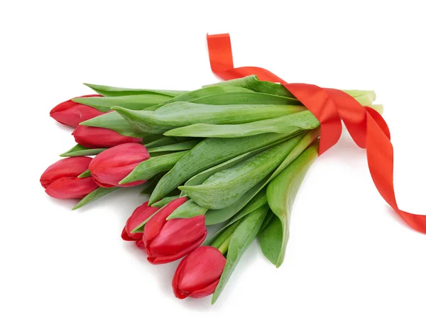 Boeket Van Verse Rode Bloeiende Tulpen Met Groene Bladeren Stam — Stockfoto