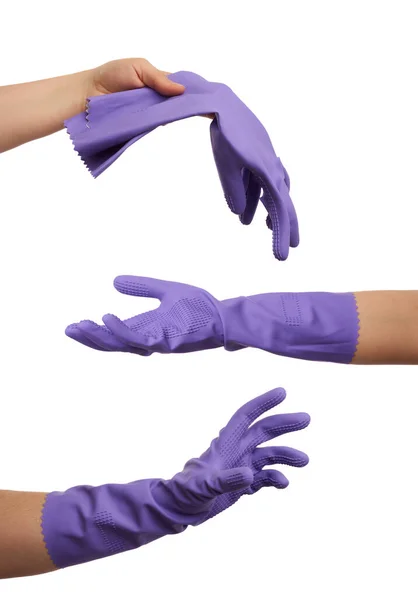 Paarse Rubberen Handschoen Voor Het Reinigen Gekleed Zijn Hand Zijn — Stockfoto