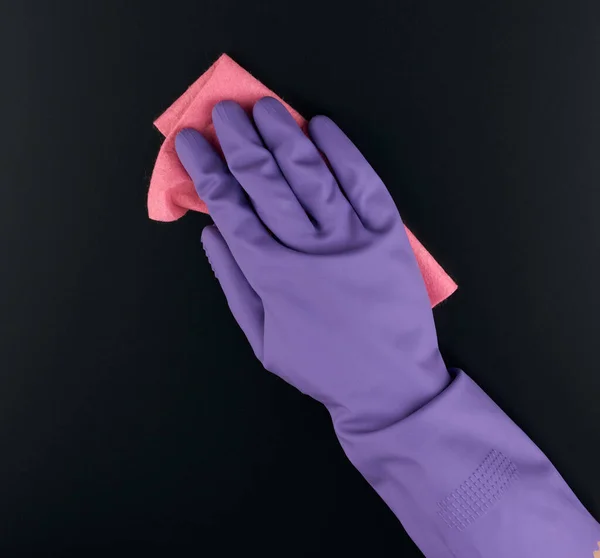 Hand Houdt Een Roze Doek Spons Voor Het Reinigen Beschermende — Stockfoto