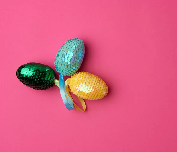 Oeufs Pâques Décoratifs Multicolores Décorés Avec Des Paillettes Sur Fond — Photo