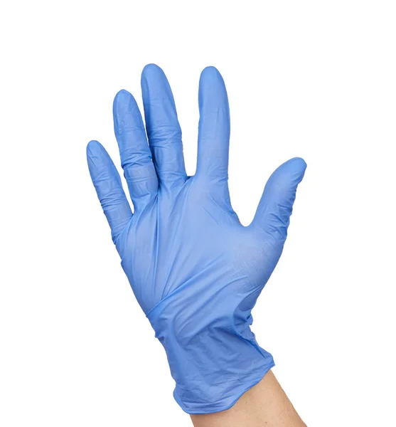 Modrá Lékařská Rukavice Nosí Paži Část Těla Izolována Bílém Pozadí — Stock fotografie