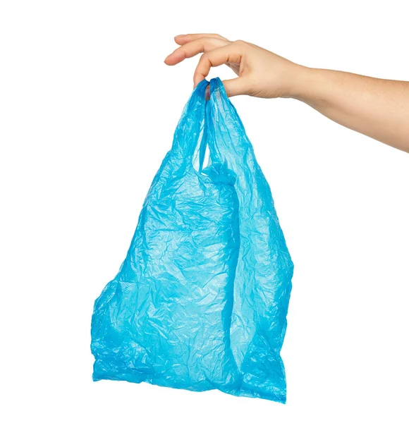 Handen Håller Tom Blå Plastpåse Vit Bakgrund Begreppet Avvisande Plast — Stockfoto
