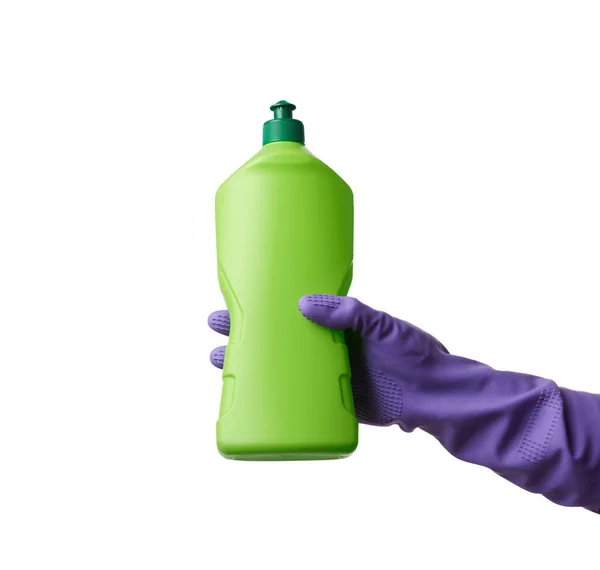 Hand Lila Gummihandschuhe Hält Eine Grüne Plastikflasche Mit Waschmittel Zum — Stockfoto