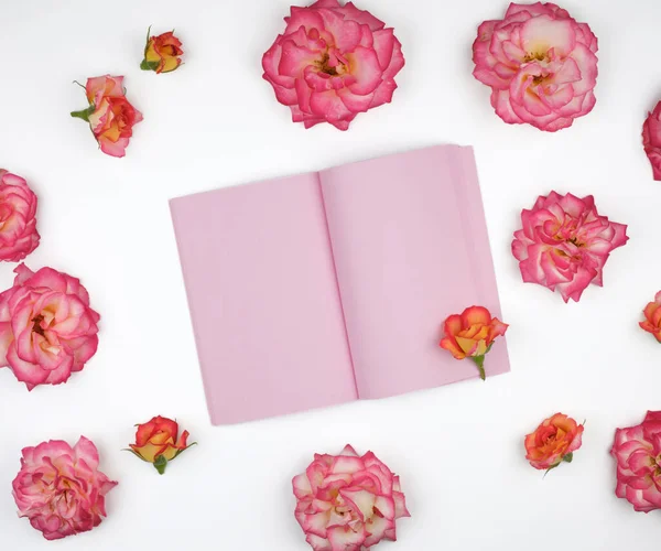 Carnet Ouvert Avec Pages Blanches Roses Sur Fond Blanc Roses — Photo