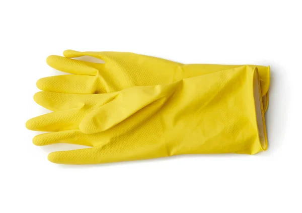 Luvas Borracha Amarela Para Limpeza Pratos Lavagem Isolados Fundo Branco — Fotografia de Stock