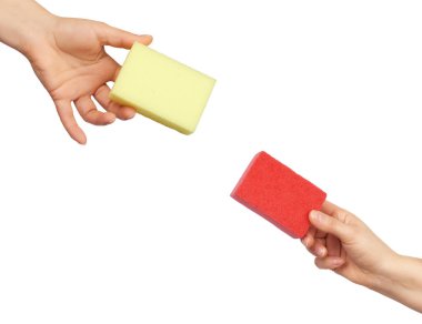 Kadın eli bulaşık yıkamak için bir mutfak süngeri tutar, vücudun bir kısmı beyaz arka planda izole edilir ve birbirlerine ulaşırlar.