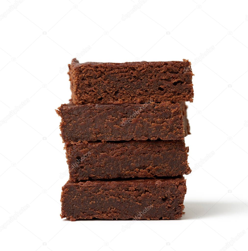 stack of square baked pieces of brownie chocolate cake isolated on a white background, delicious dessert, element for the designer