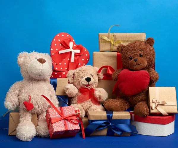 Bunch Gifts Boxes Tied Silk Ribbons Soft Teddy Bears Blue — Stock Photo, Image