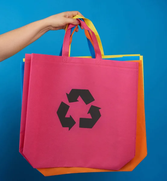 Main Femme Tient Sac Écologie Viscose Rose Matériau Recyclable Fond — Photo