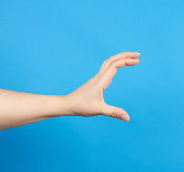 Vrouwelijke Hand Houdt Een Voorwaardelijk Onderwerp Een Blauwe Achtergrond Close — Stockfoto