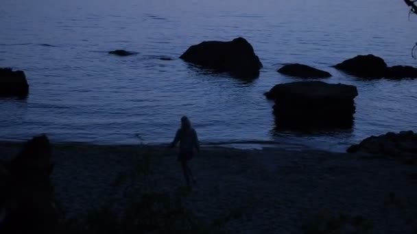 Silueta chica está viendo y corriendo en la puesta del sol felicidad — Vídeo de stock