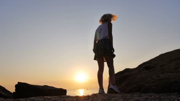 Mädchen lächeln und genießen Sie einen Moment in der Sonnenaufgangssonne über dem Meer, wo Vögel fliegen — Stockvideo