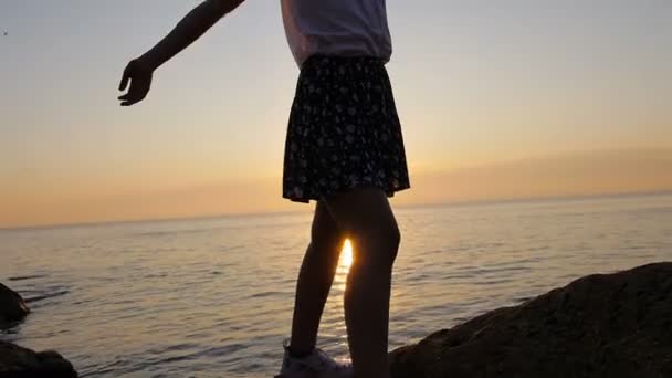 笑っている女の子鳥が飛ぶ海の日の出太陽の瞬間をお楽しみください — ストック動画