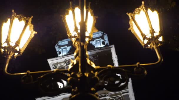 Old Churchin Autumn Night with Lights of Bridge, Static Shoot — Stock Video