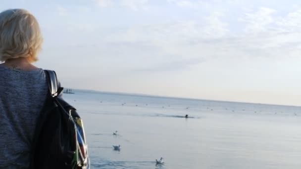 Menina com pernas longas caminha com seu saco colorido perto da praia com gaivotas — Vídeo de Stock