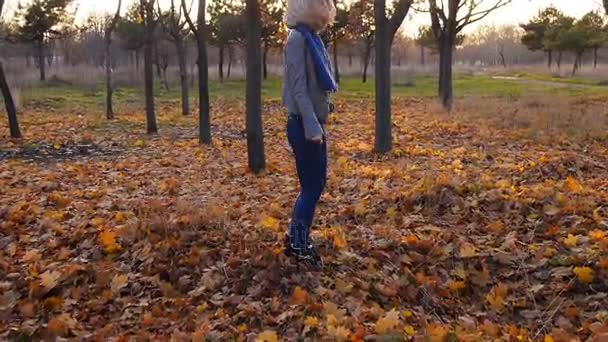 Junge Frau tanzt glücklich zwischen den bunten Herbstblättern im Sonnenuntergang — Stockvideo