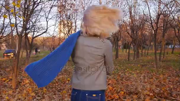 Mujer joven felicidad bailando entre las hojas coloridas de otoño en la puesta del sol — Vídeos de Stock