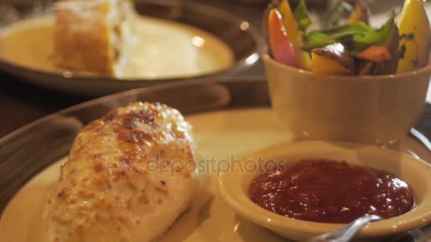 Meat steak. Dinner in a restaurant. Slow motion video footage. — Stock Video