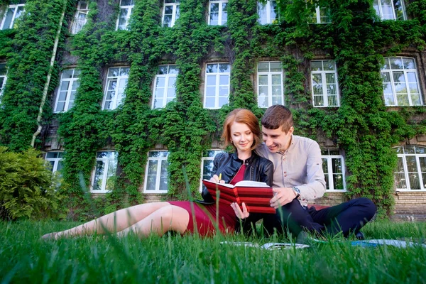 Dos estudiantes sentados en el césped en el campus y estudiando — Foto de Stock