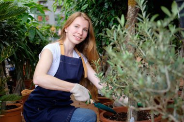 Kızıl saçlı genç kadın işçi bitki Pazar sera pla karık arası çapa