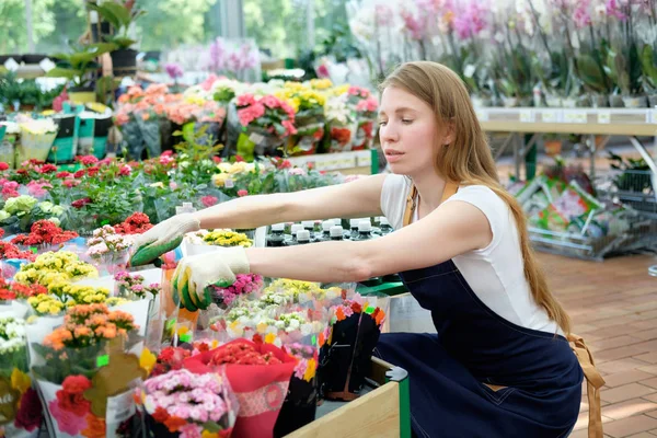 Рыжая молодая женщина, работающая в оранжерее на рынке растений — стоковое фото