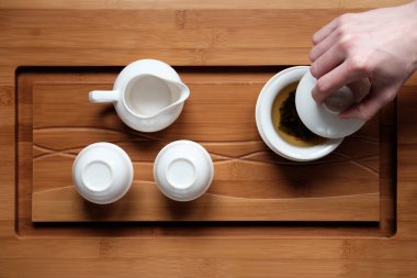 çay töreni bambu masa üstten görünüm ayarla