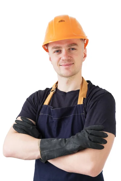Uśmiechający się pracownik konstruktora w orange protectiive beczkę na białym tle na wh — Zdjęcie stockowe