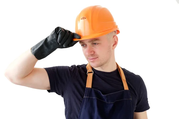 Leende builder arbetare i orange protectiive cask isolerad på wh — Stockfoto