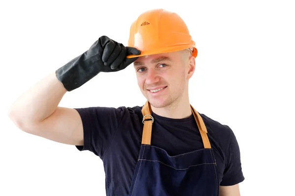 Leende builder arbetare i orange protectiive cask isolerad på wh — Stockfoto