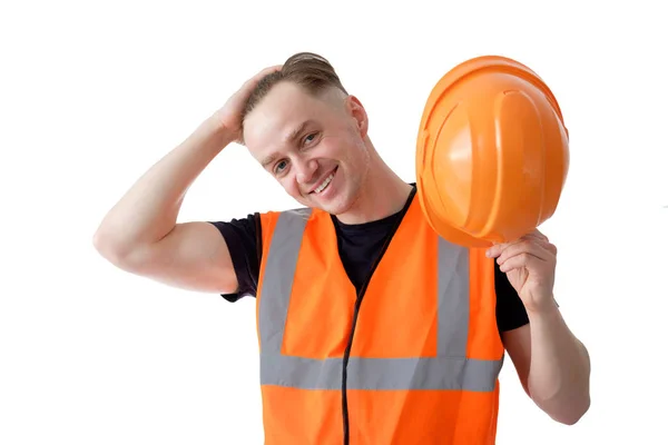 Smiling builder worker in orange protectiive cask isolated on wh — Stock Photo, Image