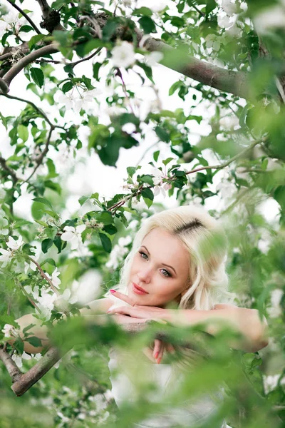 Úžasné blond nevěsta v kvetoucí zahradě apple — Stock fotografie